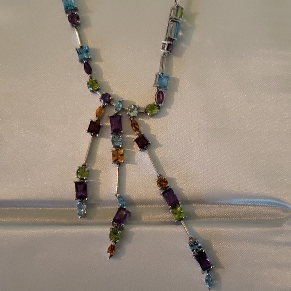 14k white gold Colorful Multi gem dangle necklace - Picture 2 of 3